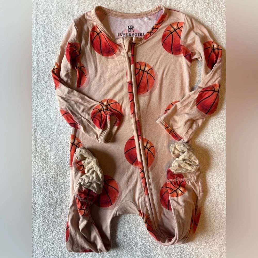 Bums & Roses Basketball Print One Piece Toddler Pajamas Bamboo Viscose. 18-24 Mo